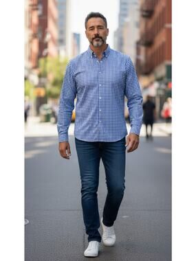 PASHARTUK Mens Button Down Shirt 2XL Blue White Plaid Long Sleeve Checkered